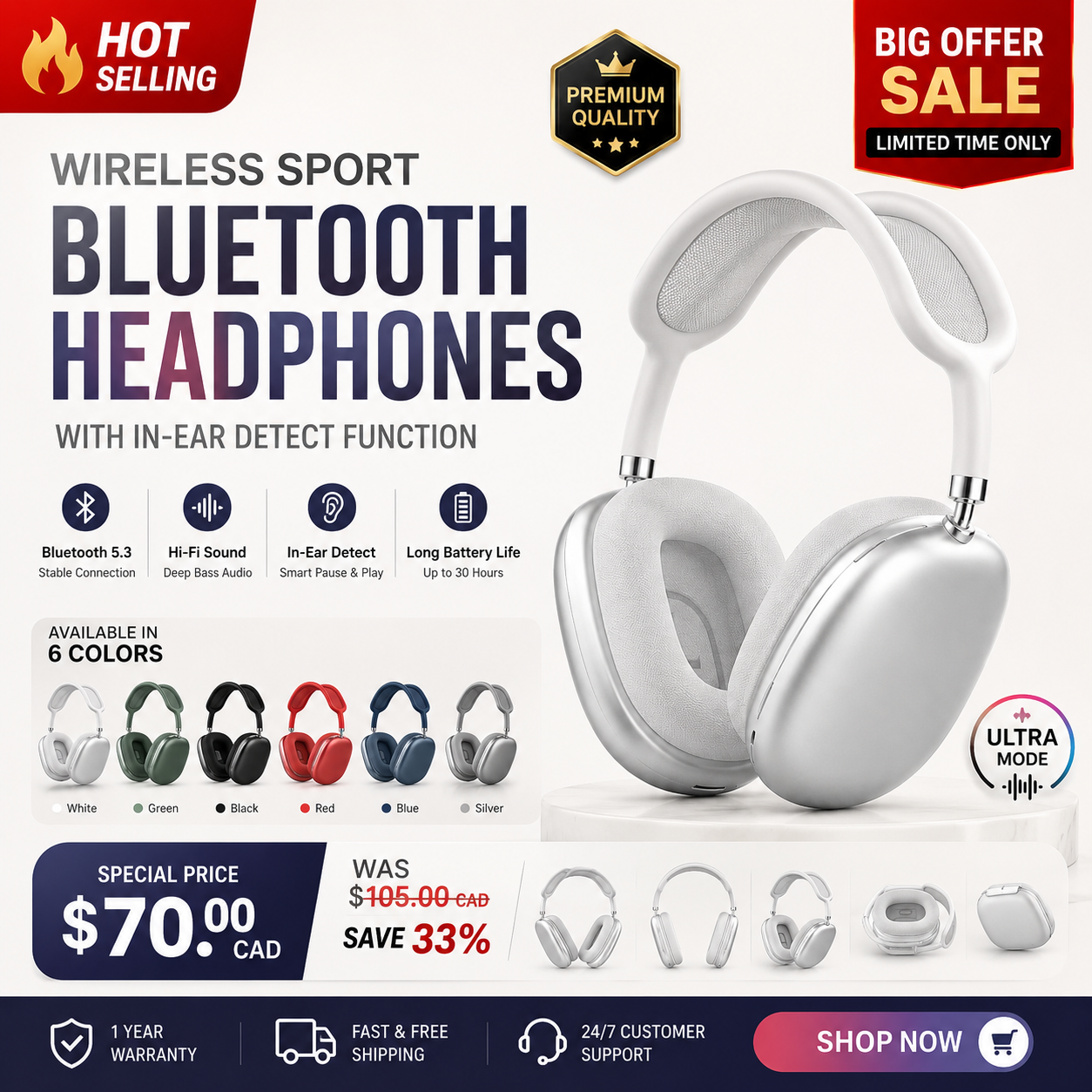 Wireless Sport Bluetooth Headphones with in Ear Detect Function