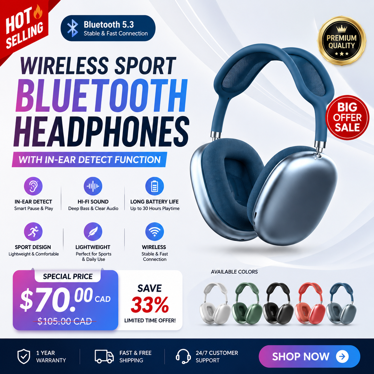 Wireless Sport Bluetooth Headphones with in Ear Detect Function