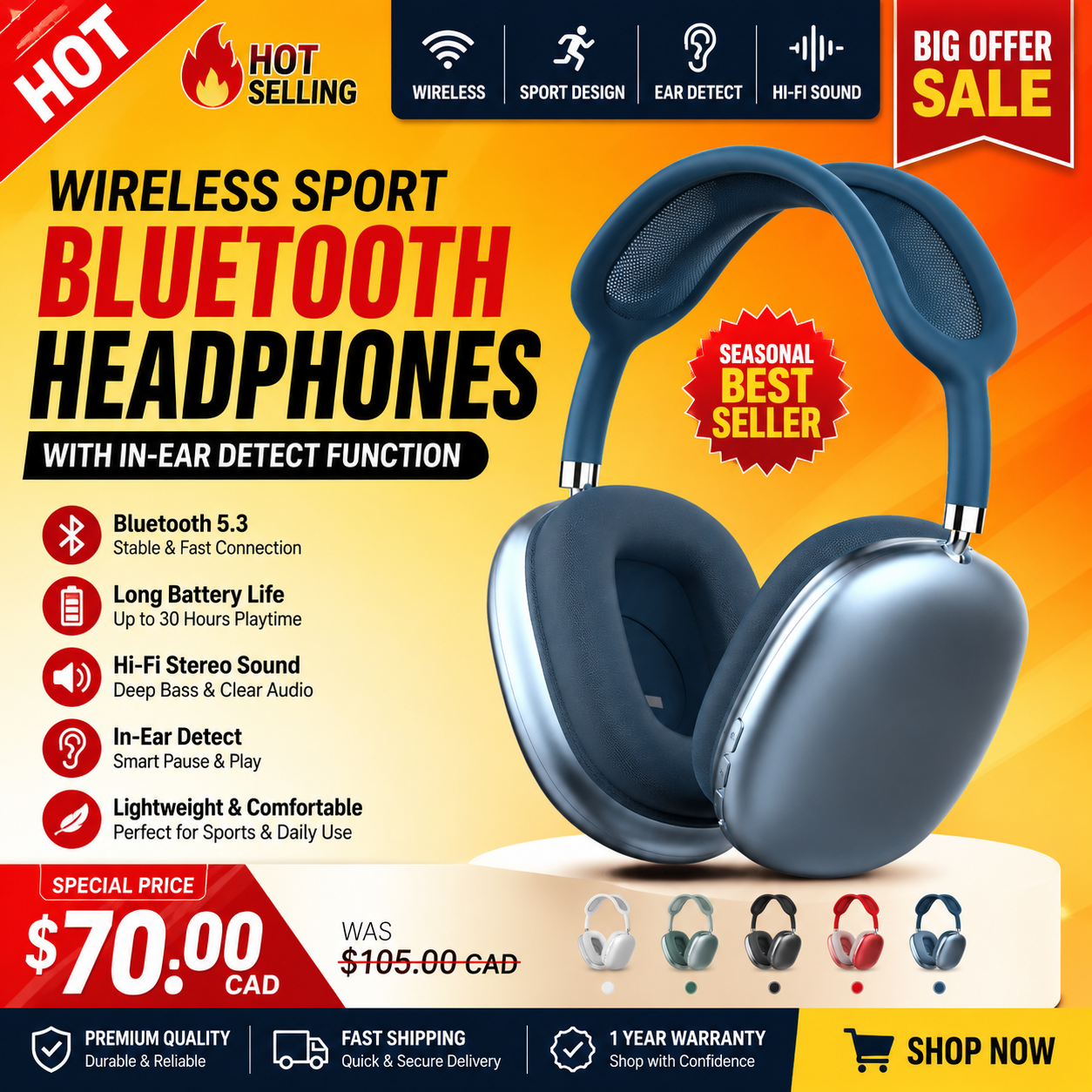 Wireless Sport Bluetooth Headphones with in Ear Detect Function